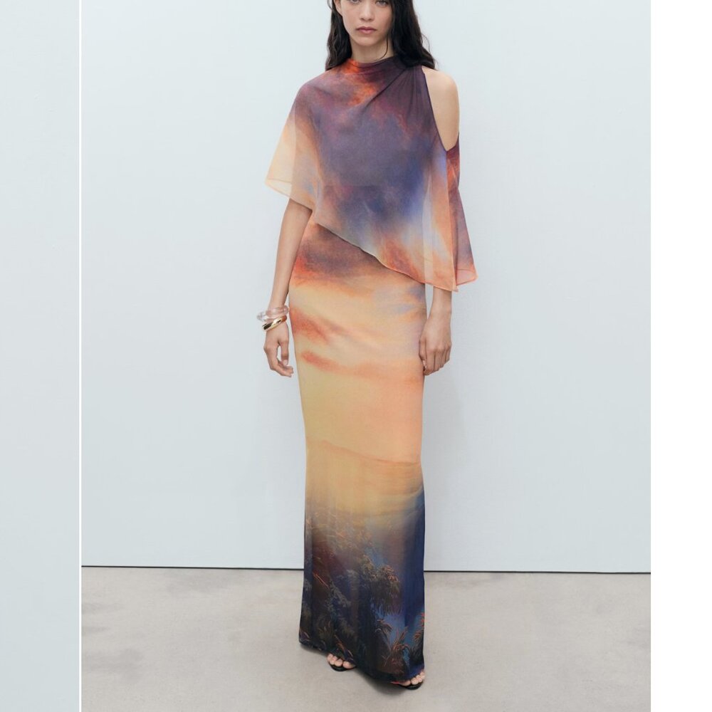 Mango printed dress with asymmetrical layer, size 6